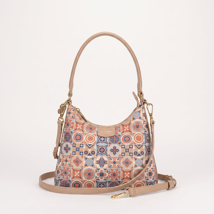 Sac hobo arrondi – Motif carrelage corail et bleu marine
