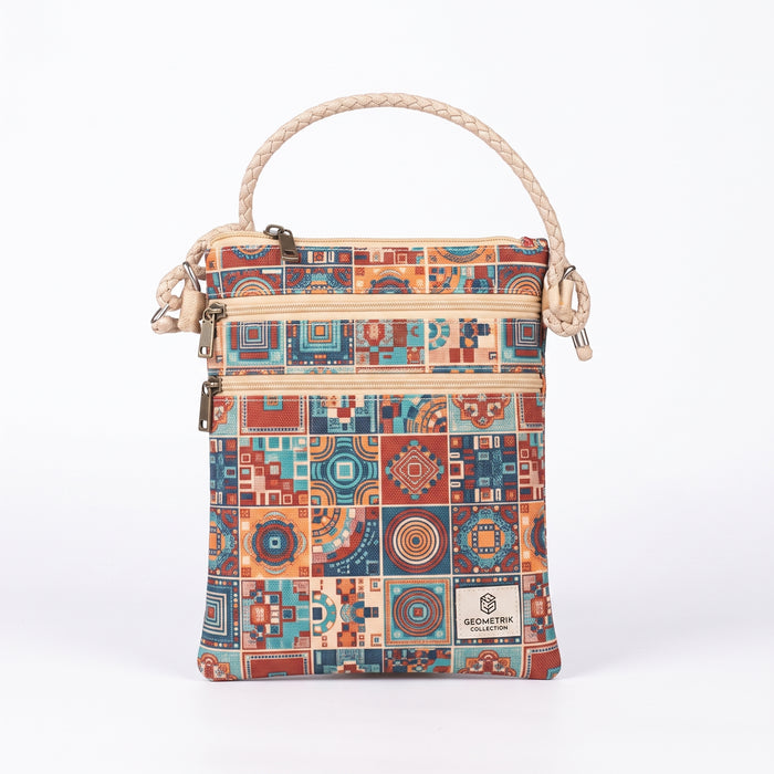 Sac bandoulière à trois fermetures éclair – Motif géométrique, détail de bandoulière tressée