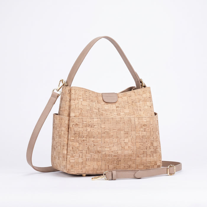 Sac seau en liège écologique – Partie supérieure tressée effet panier avec anse