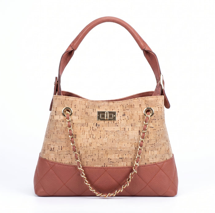 L'élégance bicolore – Sac à poignée supérieure en liège et cuir cognac avec chaîne dorée