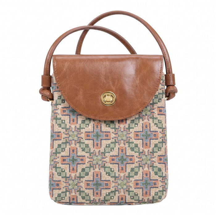 Mini sac bandoulière pour téléphone – Motif tapisserie géométrique, rabat à fermoir rotatif
