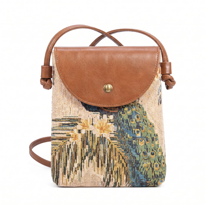 Mini sac bandoulière pour téléphone – Motif paon tissé, rabat à bouton-pression