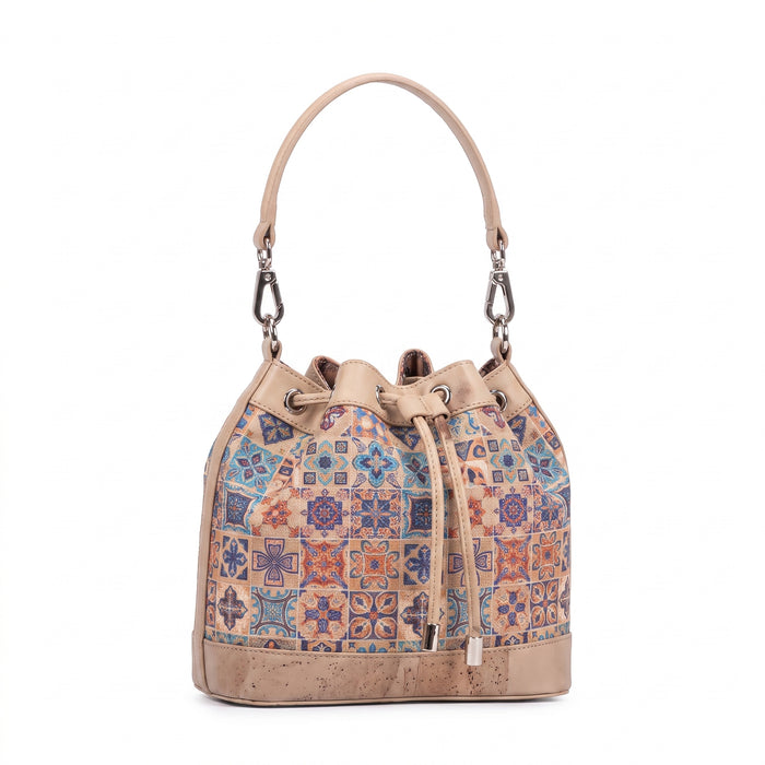 Sac-seau à motif Azulejo – Sac à cordon en cuir vegan et liège