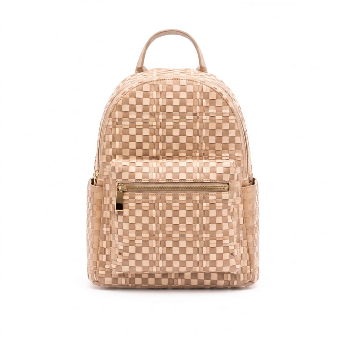 Sac à dos tressé à motif damier – Sac bicolore en cuir vegan aux tons neutres
