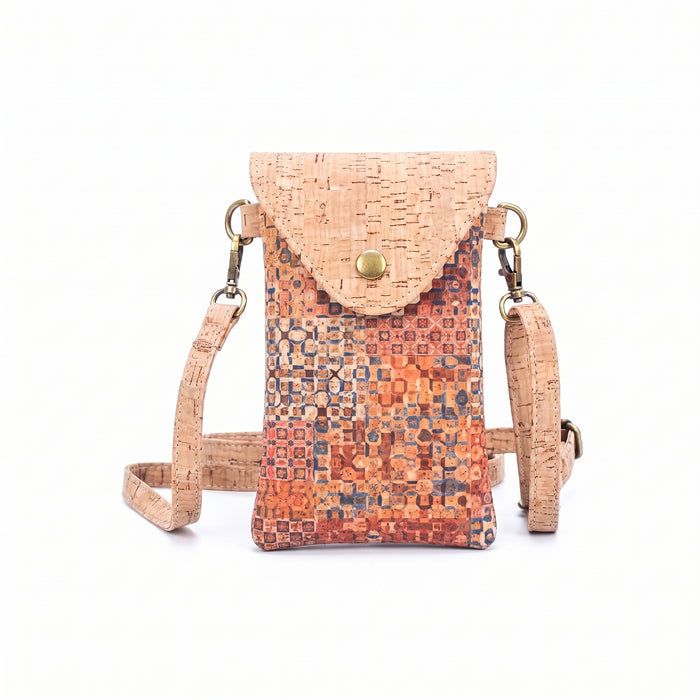 Mini sac bandoulière pour téléphone en liège écologique – Motif carreaux rouille et bleu