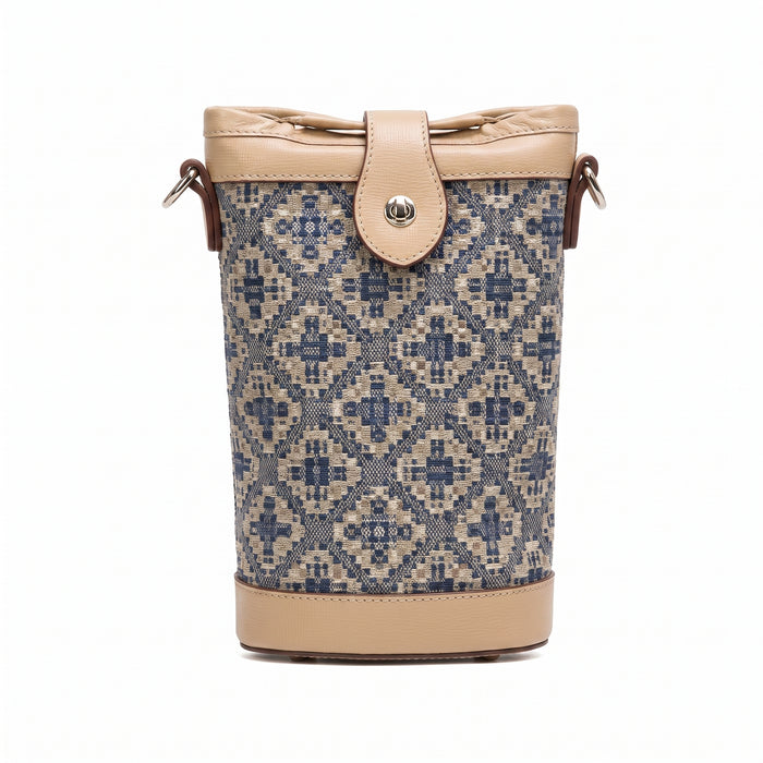 Mini-sac seau pour téléphone – Tissage motif pixel, fermoir tourniquet doré