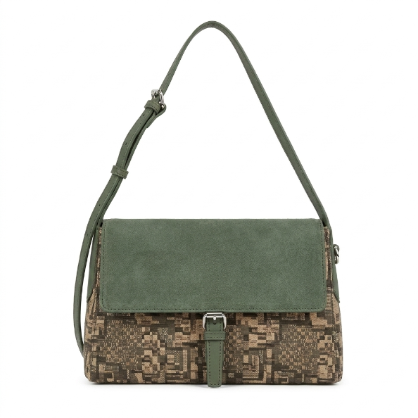 Sac baguette en suédine vert sauge – Motif géométrique tissé, détail boucle