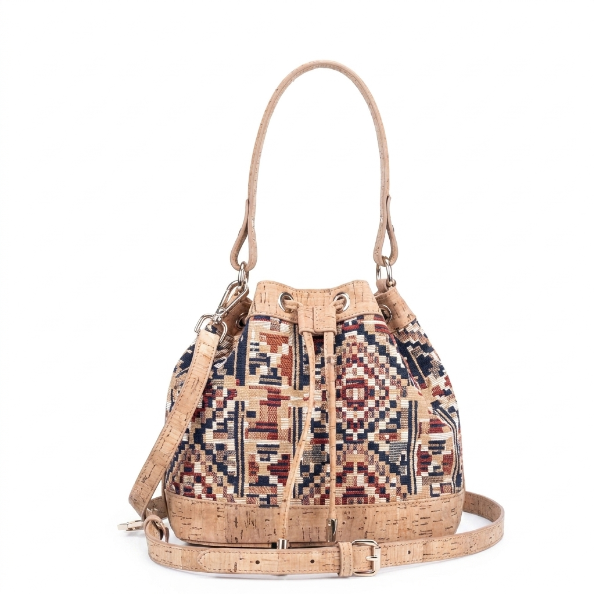Sac seau en tapisserie tissée – Sac porté épaule bohème en liège naturel