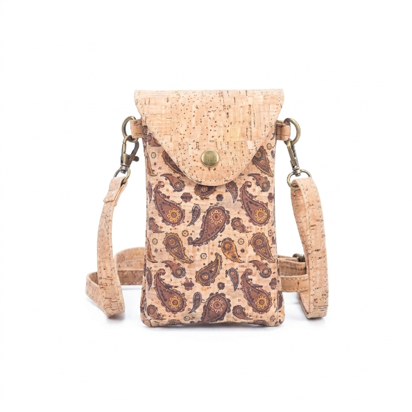 Mini sac bandoulière pour téléphone en liège écologique – Motif cachemire marron