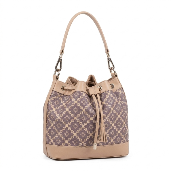 Sac seau vintage à cordon de serrage, motif chaînes et pompon – Rose poudré