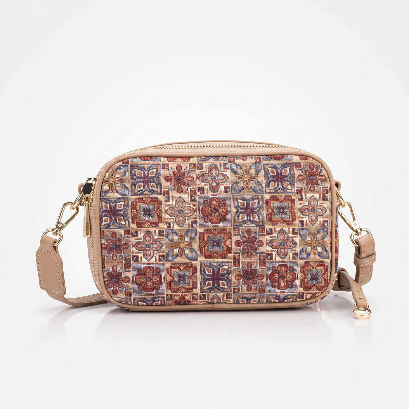 Sac bandoulière à motifs floraux façon carreaux brodés – Détails dorés