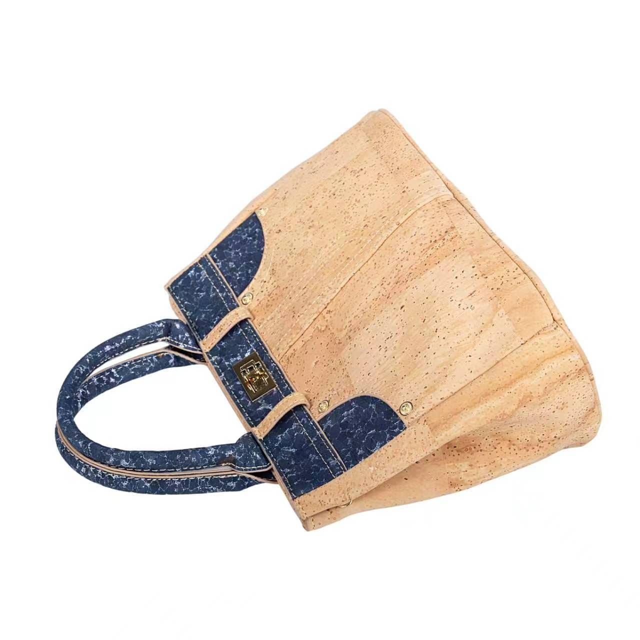 Sac à main en liège moucheté d'or avec finitions à motif denim et fermoir rotatif