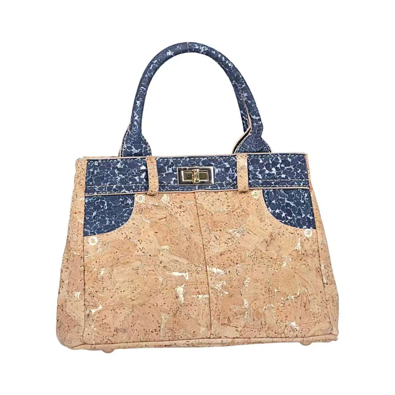 Sac à main en liège moucheté d'or avec finitions à motif denim et fermoir rotatif