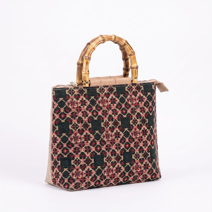 Sac cabas vintage en tapisserie à motifs floraux avec anses en bambou