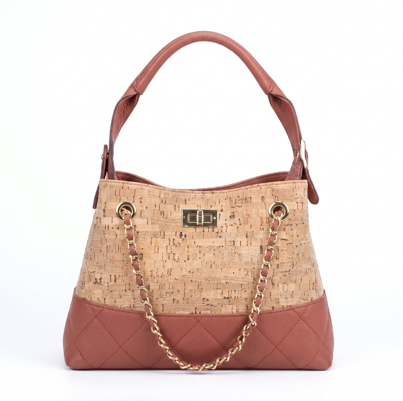 L'élégance bicolore – Sac à poignée supérieure en liège et cuir cognac avec chaîne dorée