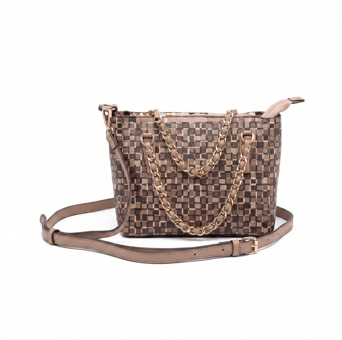Sac bandoulière 2 en 1 à chaîne – Motif damier marron, finitions dorées