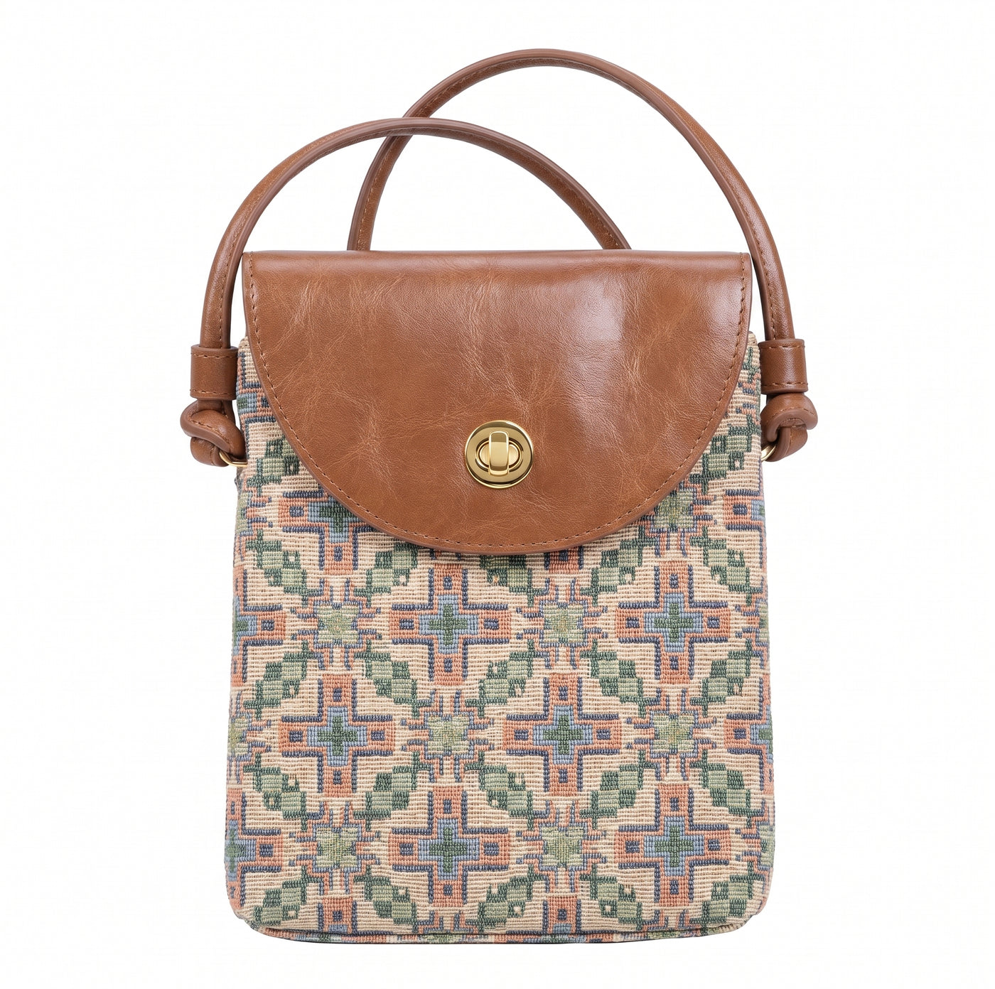 Mini sac bandoulière pour téléphone – Motif tapisserie géométrique, rabat à fermoir rotatif