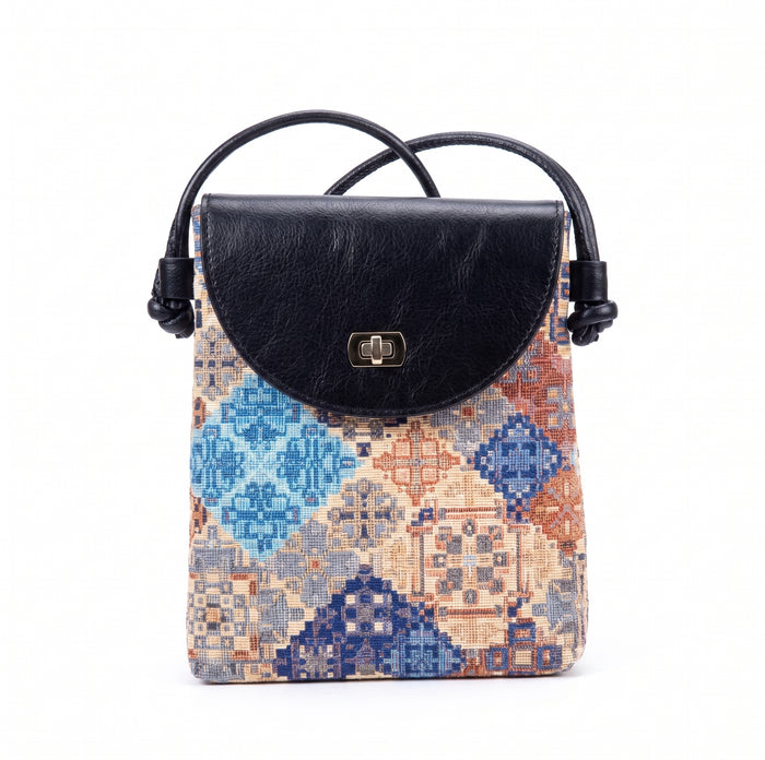 Mini sac bandoulière pour téléphone – Motif tapis tissé, rabat à fermoir rotatif