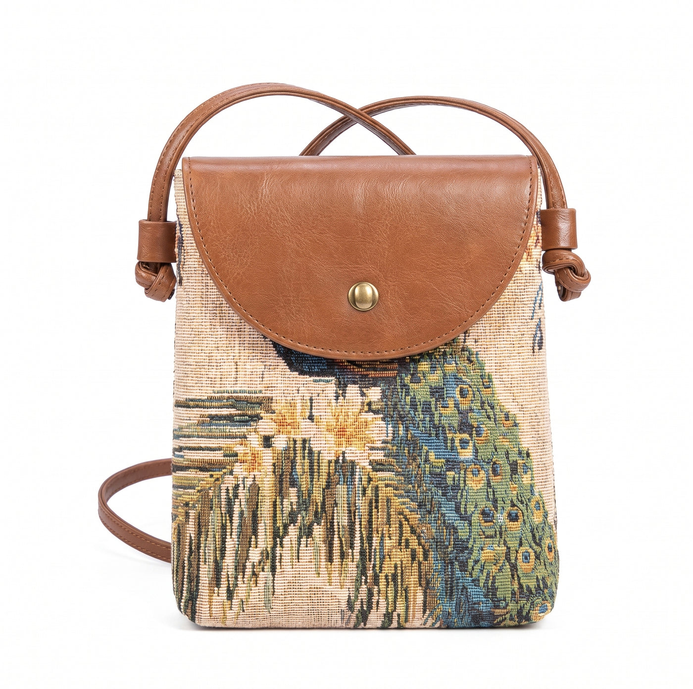 Mini sac bandoulière pour téléphone – Motif paon tissé, rabat à bouton-pression