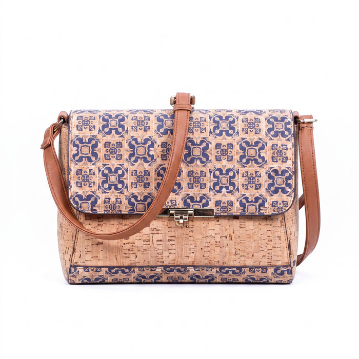 Sac cartable à motif de carreaux bleus – Sac porté croisé en liège naturel avec fermoir doré