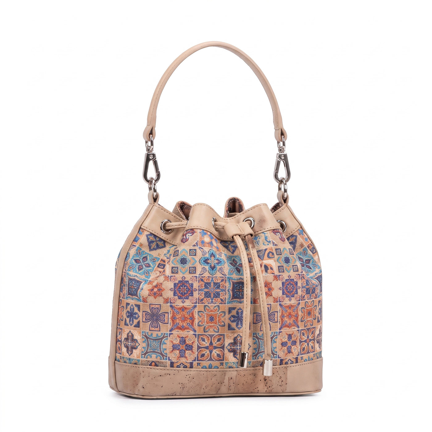 Sac-seau à motif Azulejo – Sac à cordon en cuir vegan et liège