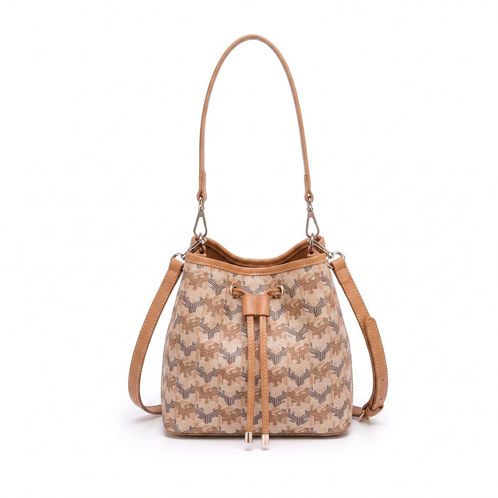 Sac seau imprimé signature – Bandoulière ajustable, camel et beige