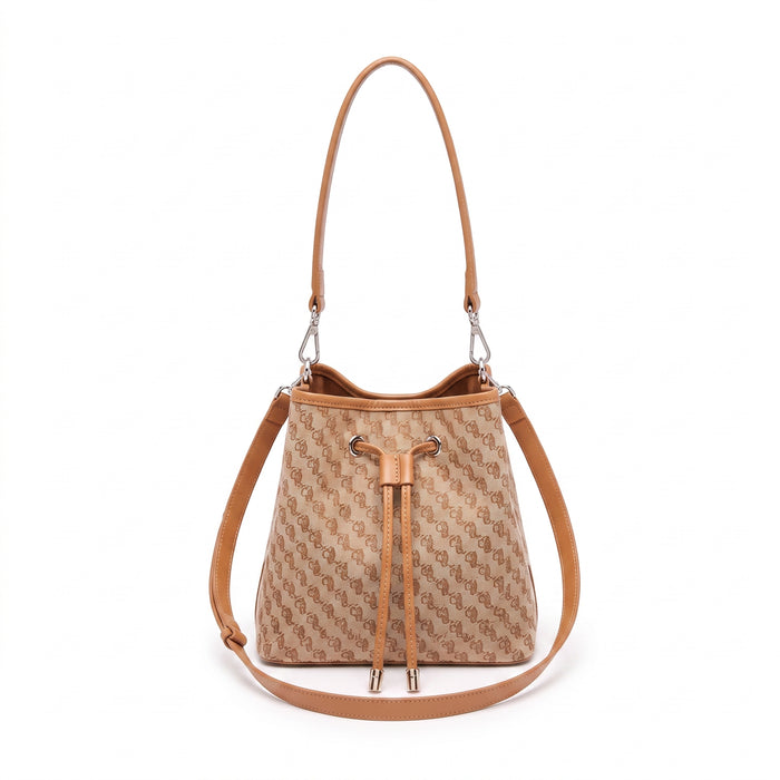 Sac-seau à motif entrelacé – Sac porté croisé en toile beige avec cordon de serrage