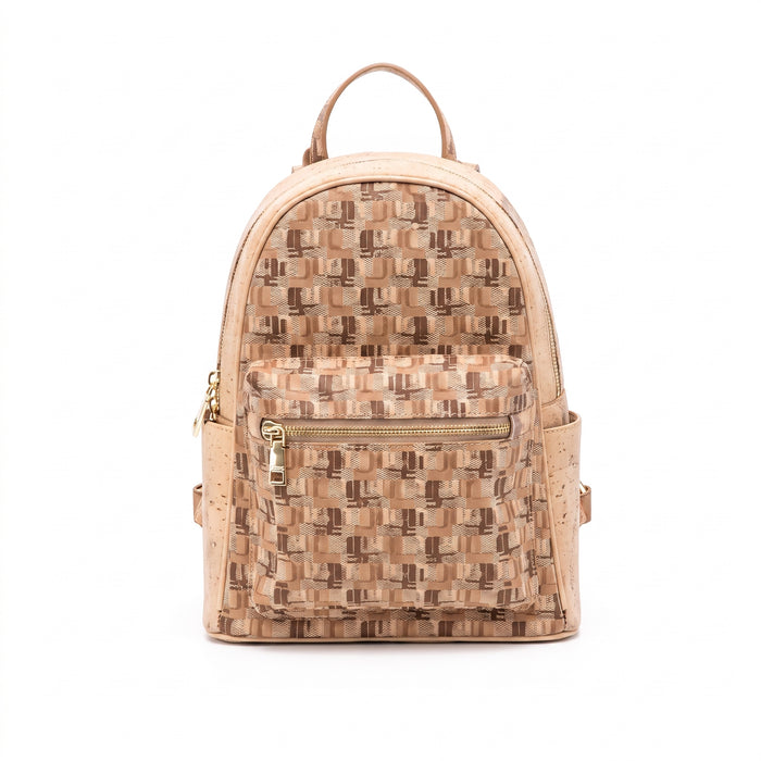 Sac à dos à motif tissé abstrait – Finitions en liège naturel et fermeture éclair dorée