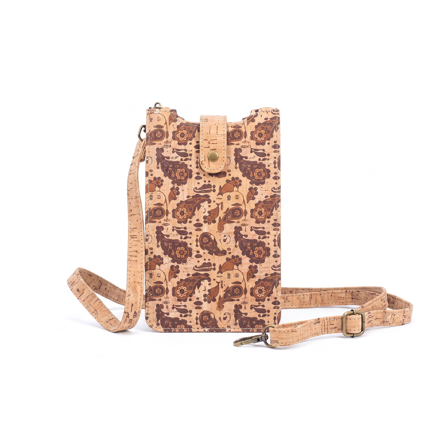 Sac pour téléphone en liège – Pochette bandoulière à motif cachemire marron