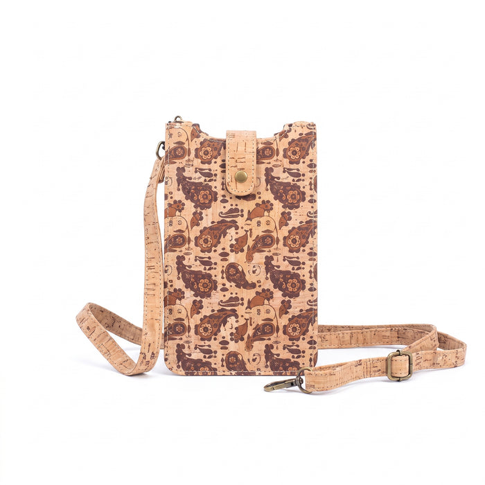 Sac pour téléphone en liège – Pochette bandoulière à motif cachemire marron