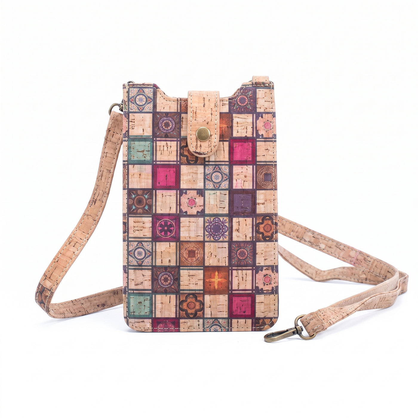 Mini sac bandoulière pour téléphone en liège écologique – Motif carreaux patchwork bohème