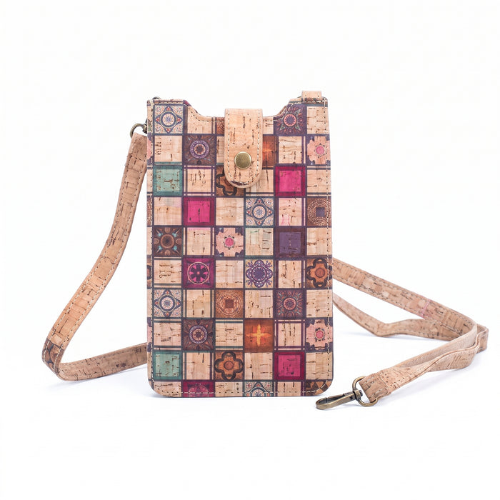 Mini sac bandoulière pour téléphone en liège écologique – Motif carreaux patchwork bohème