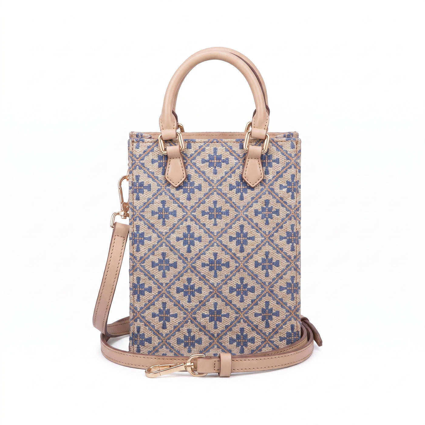 Sac cabas fin à poignée supérieure – Imprimé géométrique bleu, finitions en cuir
