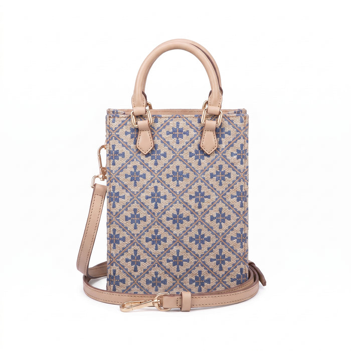 Sac cabas fin à poignée supérieure – Imprimé géométrique bleu, finitions en cuir