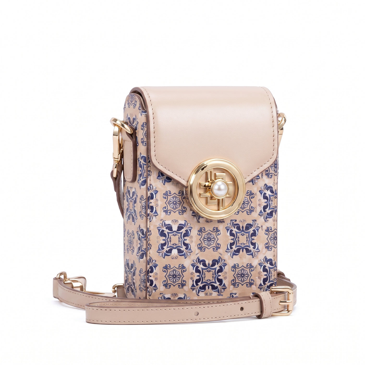 Sac structuré pour téléphone – Motif Azulejo, fermoir pivotant perlé doré