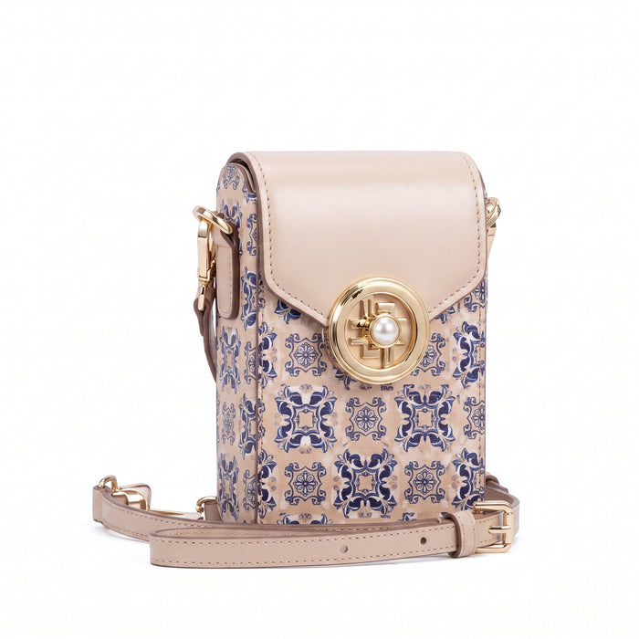 Sac structuré pour téléphone – Motif Azulejo, fermoir pivotant perlé doré