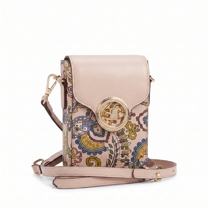 Mini-sac pour téléphone Boho Chic – Motif cachemire rose, fermoir tourniquet doré