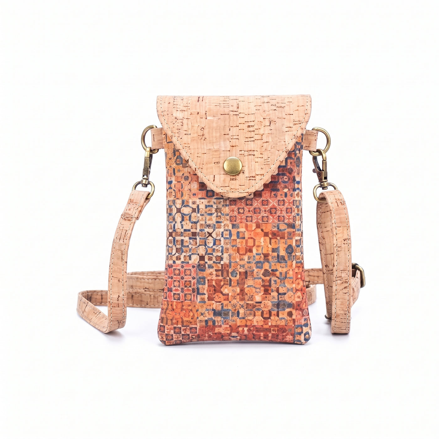 Mini sac bandoulière pour téléphone en liège écologique – Motif carreaux rouille et bleu