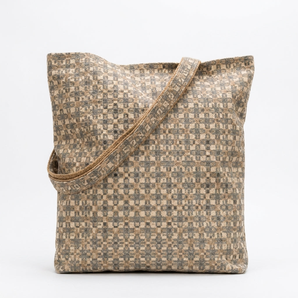 Sac de courses en tissage texturé – Cabas à motif damier dans les tons neutres