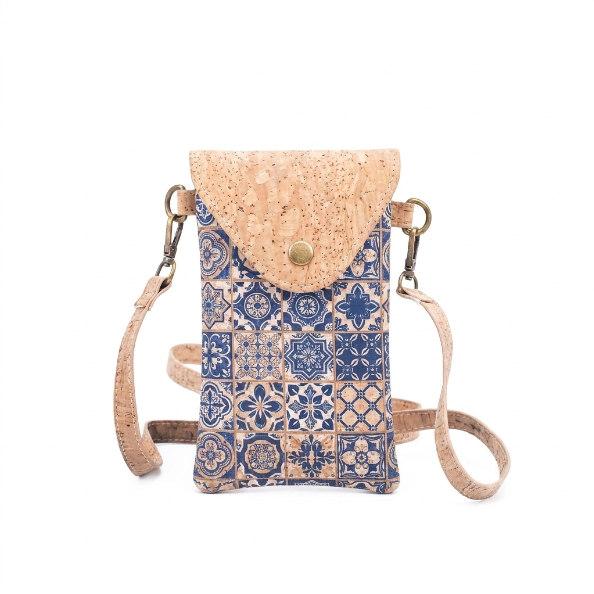 Mini sac bandoulière pour téléphone en liège écologique – Motif Azulejo bleu