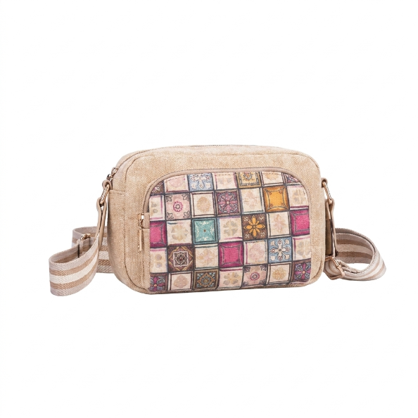 Sac bandoulière bohème en toile – Poche avant à motif de carreaux colorés