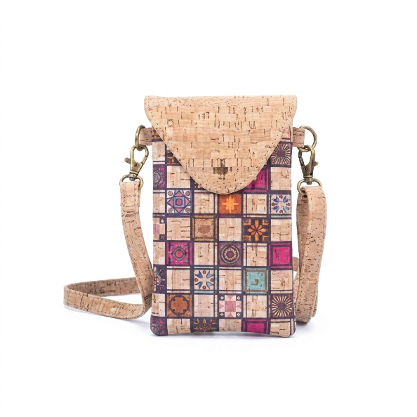 Mini sac bandoulière pour téléphone en liège écologique – Motif carrelage patchwork éclatant